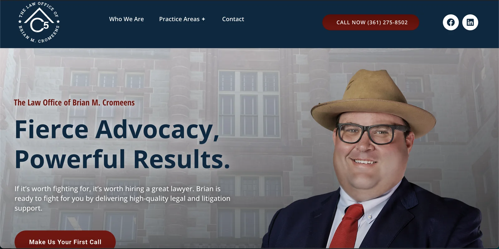 The redesigned Cromeens law office home page with a 'Fierce Advocacy' headline